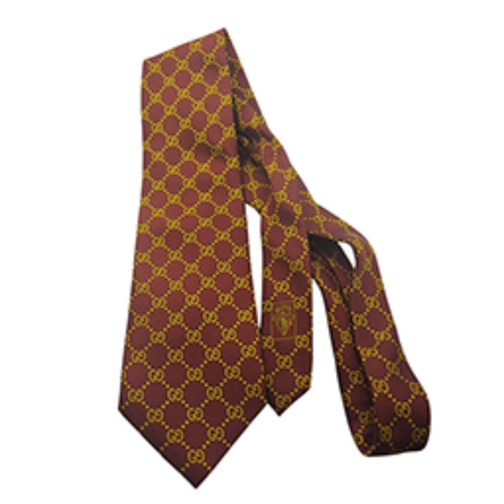 GUCCI GG LOGO SILK TIE GOLD BURGUNDY  GG